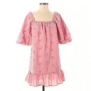 Zara Broderie Anglaise Ruffle Mini Dress Womens M Medium Pink Embroidered